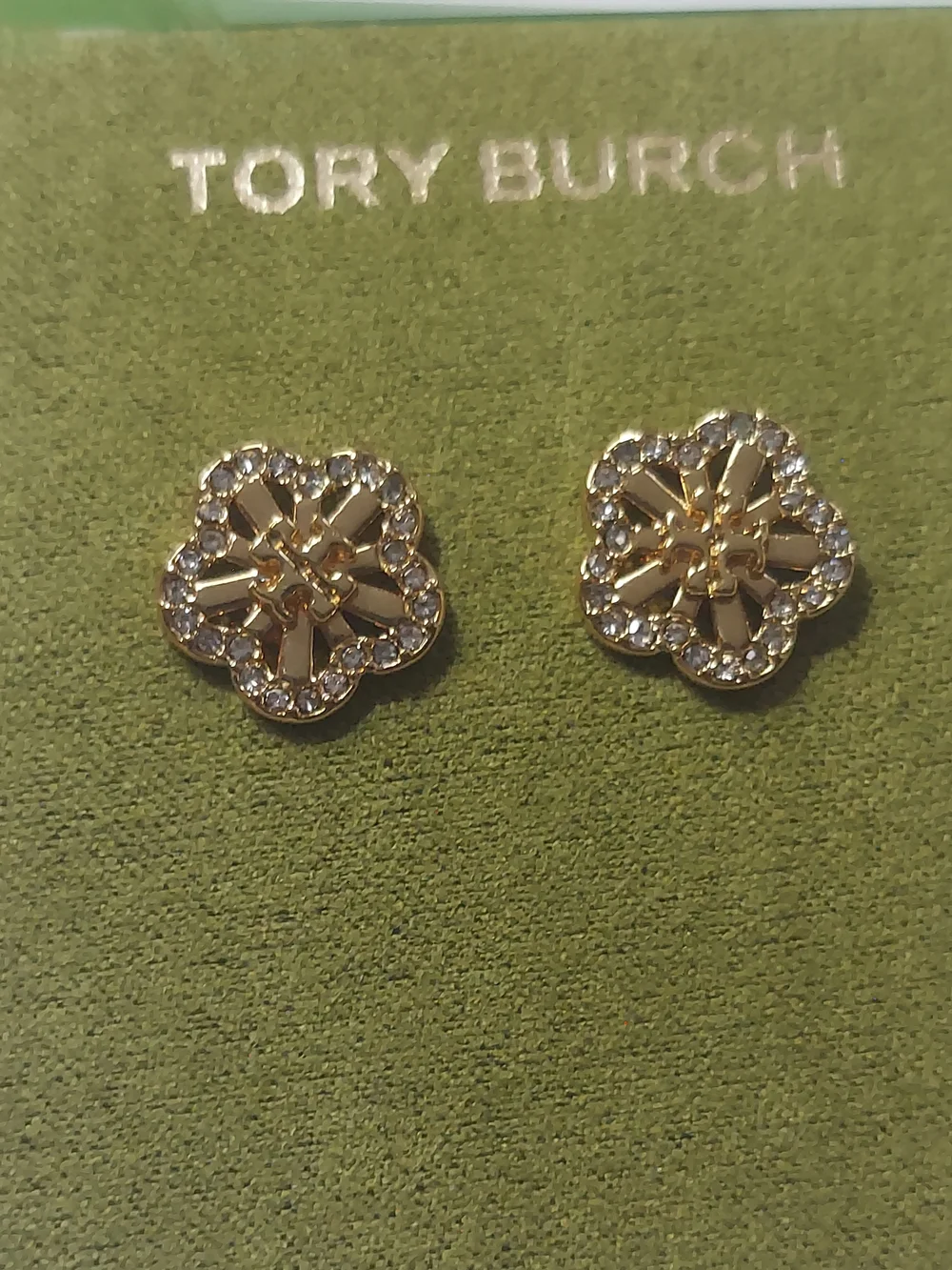Tory Burch Gold Flower Crystal Border Stud Earrings